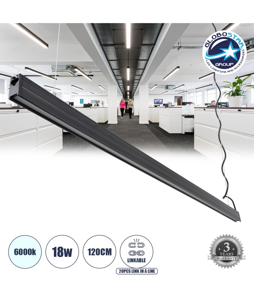 GloboStar® OFFICE 61023-P Γραμμικό Κρεμαστό Φωτιστικό Linear LED 18W 2230lm 120° AC 220-240V Μ120 x Π2 x Υ4cm Ψυχρό Λευκό 6000K - Μαύρο - 3 Years Warranty